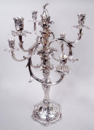 Pair of Antique Danish Rococo Sterling Silver 7 Light Candelabra 1914