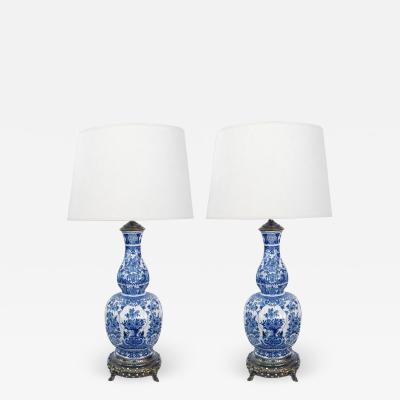 Pair of Antique Dutch Delftware Blue White Double baluster Lamps