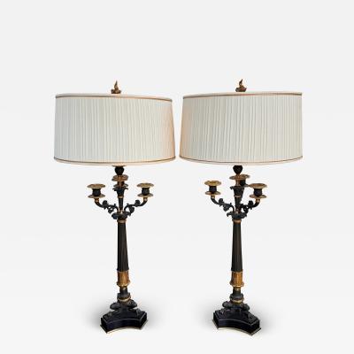 Pair of Antique Empire Gilt Bronze Candelabra Table Lamps