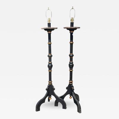 Pair of Antique Empire Style Black Gold Torchere Floor Lamps
