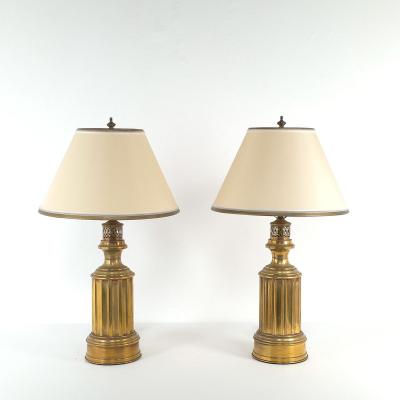 Pair of Antique English Brass Oil Lamps Now Electrified
