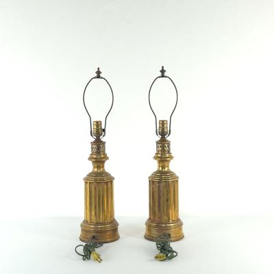 Pair of Antique English Brass Oil Lamps Now Electrified
