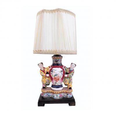 Pair of Antique Famille Rose Chinese Pottery Figural Designer Table Lamps
