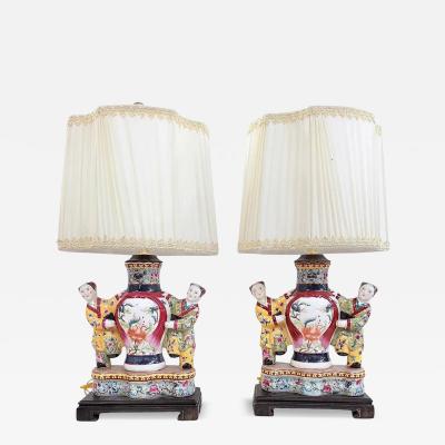 Pair of Antique Famille Rose Chinese Pottery Figural Designer Table Lamps