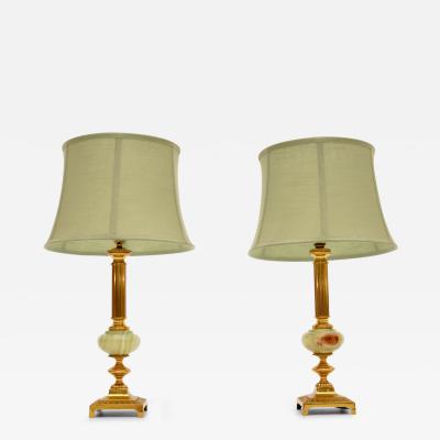 Pair of Antique French Brass and Onyx Table Lamps