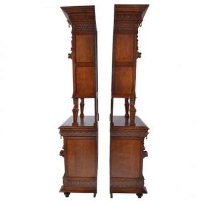 Pair of Antique French Henri II Buffets Cabinets Stained Glass 19th C France