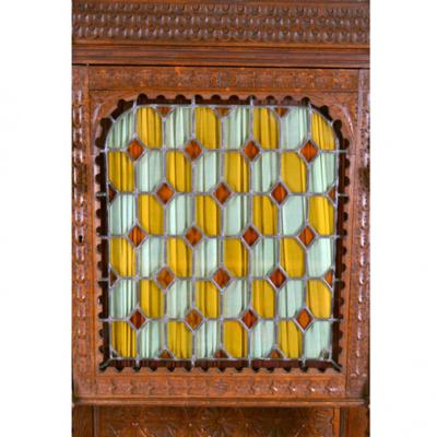 Pair of Antique French Henri II Buffets Cabinets Stained Glass 19th C France