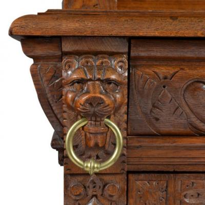 Pair of Antique French Henri II Buffets Cabinets Stained Glass 19th C France