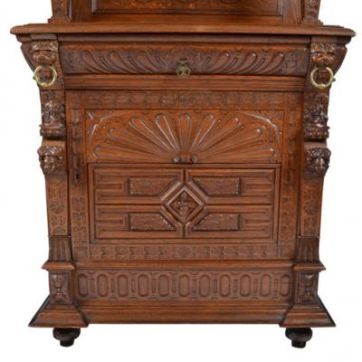 Pair of Antique French Henri II Buffets Cabinets Stained Glass 19th C France