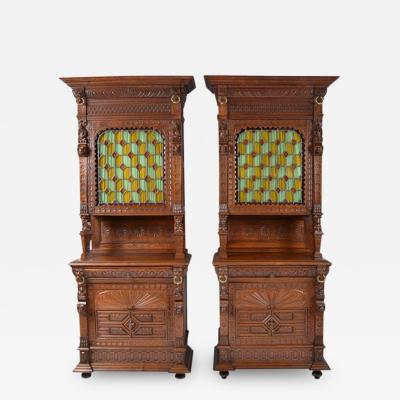 Pair of Antique French Henri II Buffets Cabinets Stained Glass 19th C France