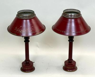 Pair of Antique French Mid century Red Gold Tole Tin Table Lamps circa 1930