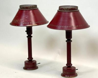 Pair of Antique French Mid century Red Gold Tole Tin Table Lamps circa 1930
