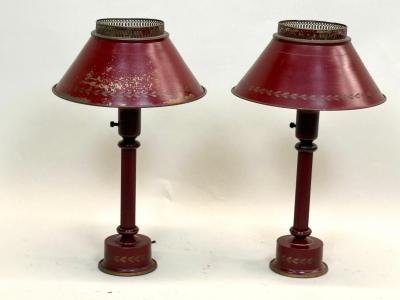 Pair of Antique French Mid century Red Gold Tole Tin Table Lamps circa 1930