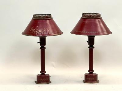 Pair of Antique French Mid century Red Gold Tole Tin Table Lamps circa 1930