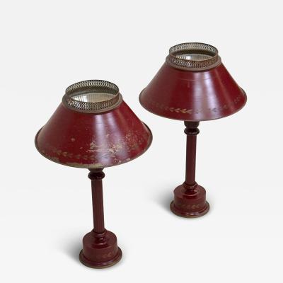 Pair of Antique French Mid century Red Gold Tole Tin Table Lamps circa 1930