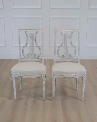 Pair of Antique French Neoclassical Painted Chairs in Antique Linen
