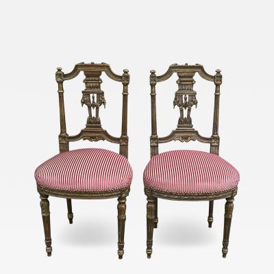 Pair of Antique French Regence Giltwood Silk Velvet Striped Chairs