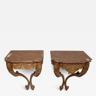 Pair of Antique French Regence Style Carved Console Tables With Marble Tops