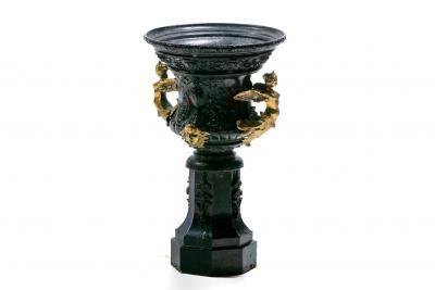 Pair of Antique French Rococo Style Black Iron Urns Adorned with Brass Figures