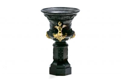 Pair of Antique French Rococo Style Black Iron Urns Adorned with Brass Figures