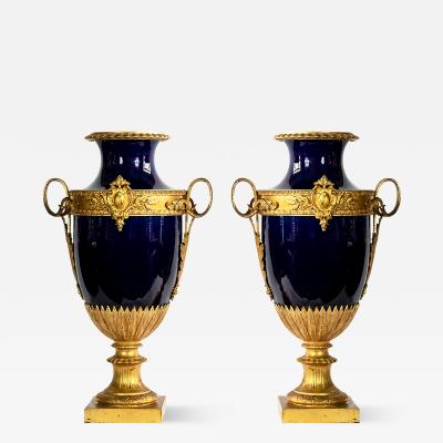 Pair of Antique French Sevres Style Porcelain Cobalt Blue and Bronze Vases