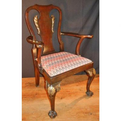 Pair of Antique George II Style Mahogany Armchairs Hand Carved and Parcel Gilt