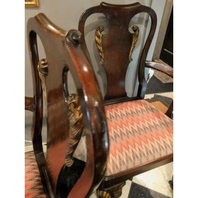 Pair of Antique George II Style Mahogany Armchairs Hand Carved and Parcel Gilt