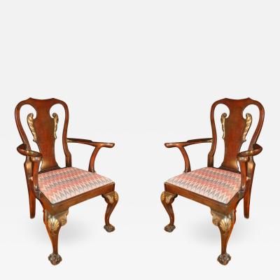 Pair of Antique George II Style Mahogany Armchairs Hand Carved and Parcel Gilt