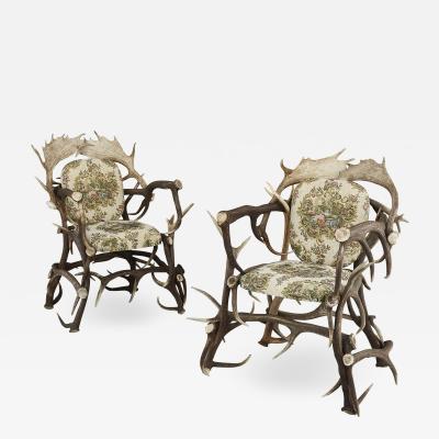 Pair of Antique German Antler Chairs with Rococo Style Upholstery