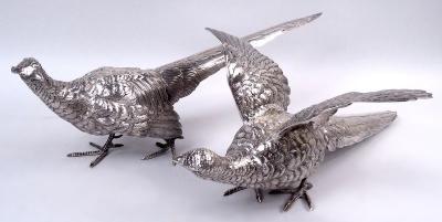 Pair of Antique German Silver Centerpiece Pheasants Game Birds