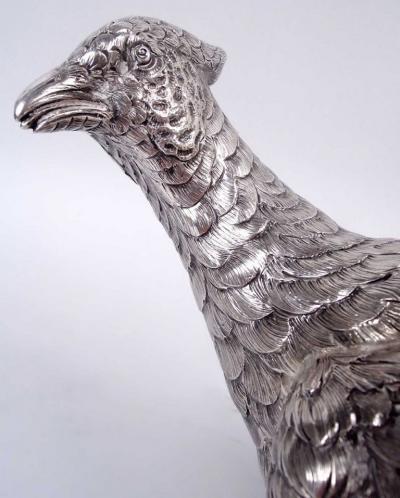 Pair of Antique German Silver Centerpiece Pheasants Game Birds