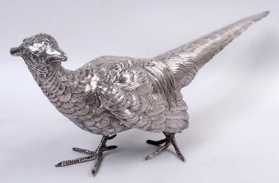 Pair of Antique German Silver Centerpiece Pheasants Game Birds