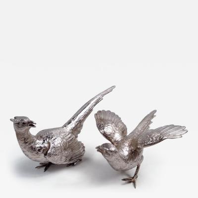 Pair of Antique German Silver Pheasants Game Birds Table Ornaments