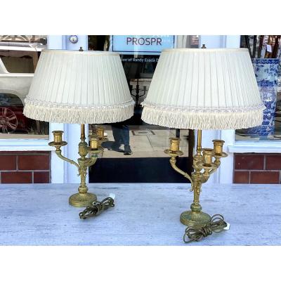 Pair of Antique Gilt Bronze Bouillotte Candelabra Lamps