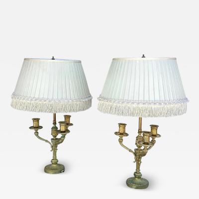 Pair of Antique Gilt Bronze Bouillotte Candelabra Lamps