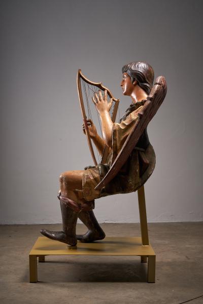 Pair of Antique Hand Painted and Polychrome Wooden Angels with Harps