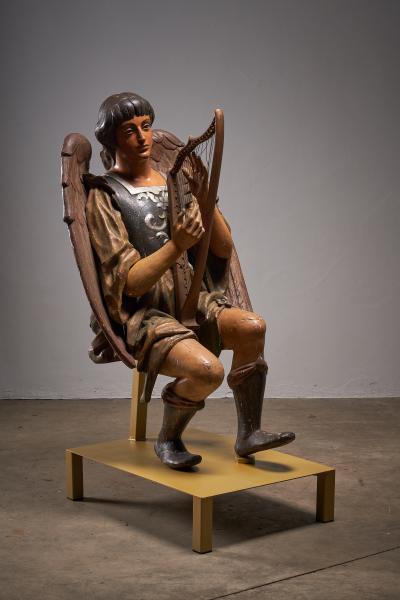 Pair of Antique Hand Painted and Polychrome Wooden Angels with Harps