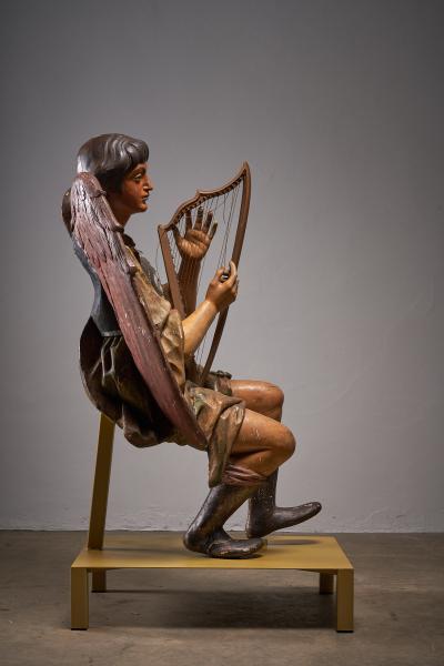 Pair of Antique Hand Painted and Polychrome Wooden Angels with Harps