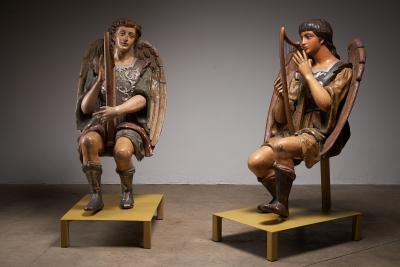 Pair of Antique Hand Painted and Polychrome Wooden Angels with Harps