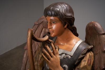 Pair of Antique Hand Painted and Polychrome Wooden Angels with Harps