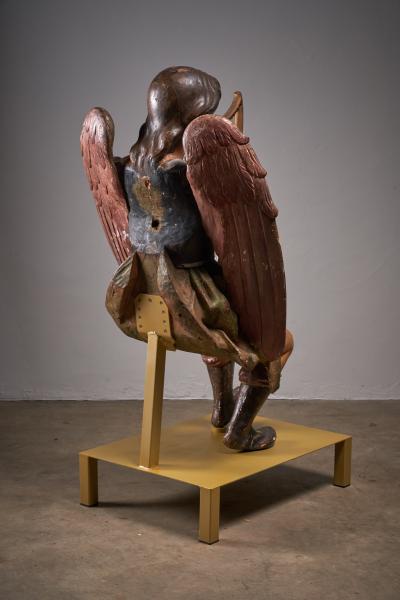 Pair of Antique Hand Painted and Polychrome Wooden Angels with Harps