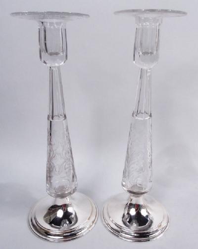 Pair of Antique Hawkes Edwardian Sterling Silver Glass Candlesticks