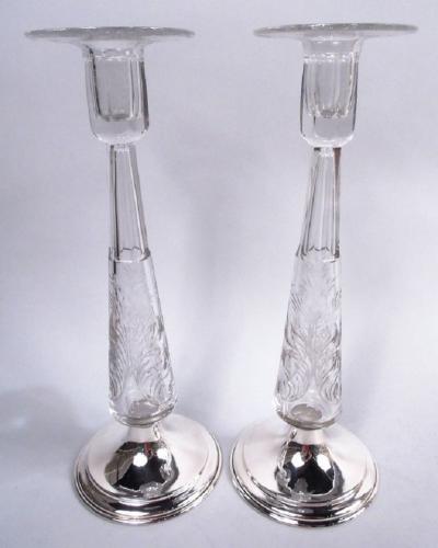 Pair of Antique Hawkes Edwardian Sterling Silver Glass Candlesticks