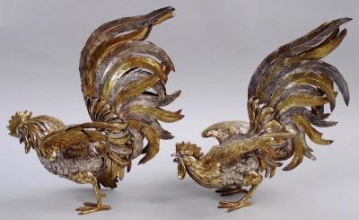 Pair of Antique Israel Freeman German Parcel Gilt Silver Roosters