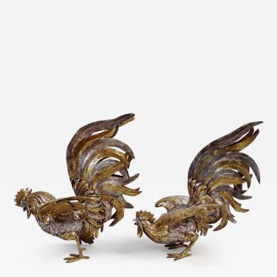 Pair of Antique Israel Freeman German Parcel Gilt Silver Roosters