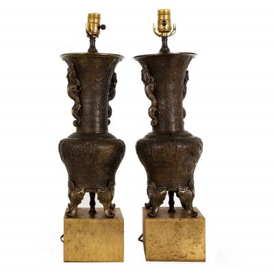 Pair of Antique Japanese Bronze Vasiform Table Lamps