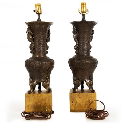 Pair of Antique Japanese Bronze Vasiform Table Lamps
