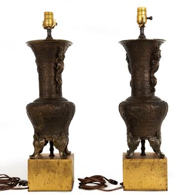 Pair of Antique Japanese Bronze Vasiform Table Lamps