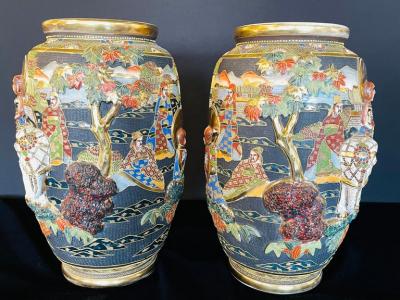 Pair of Antique Japanese Satsuma Vases Figural Scenes