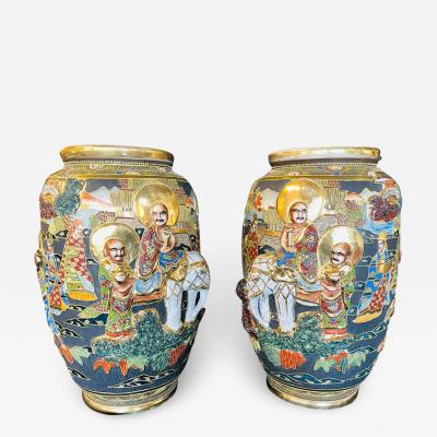Pair of Antique Japanese Satsuma Vases Figural Scenes